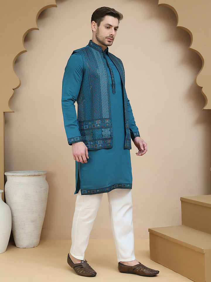 Embroidered Waistcoat And Kurta Pyjama For Men