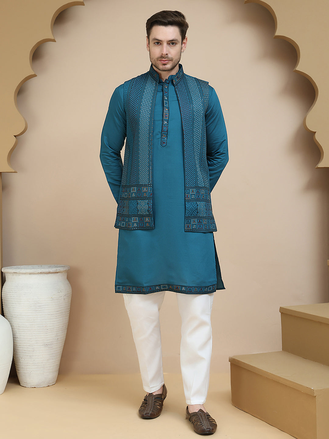 Embroidered Waistcoat And Kurta Pyjama For Men