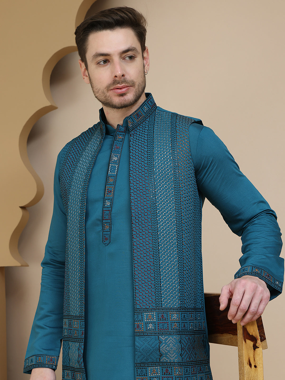 Embroidered Waistcoat And Kurta Pyjama For Men