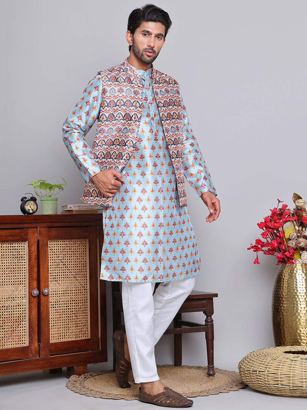 Printed Nehru Jacket &amp; Kurta Pyjama Set.