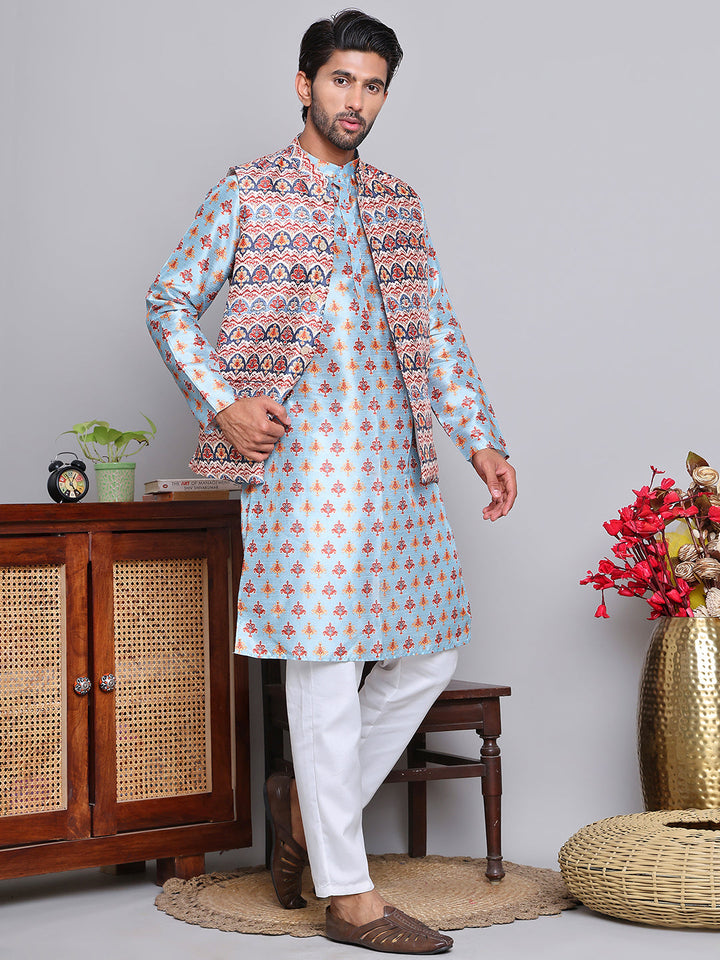 Printed Nehru Jacket &amp; Kurta Pyjama Set.