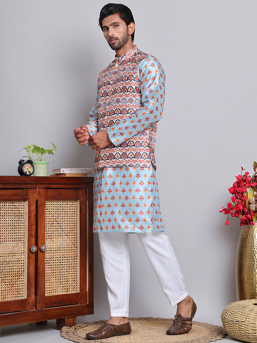 Printed Nehru Jacket &amp; Kurta Pyjama Set.