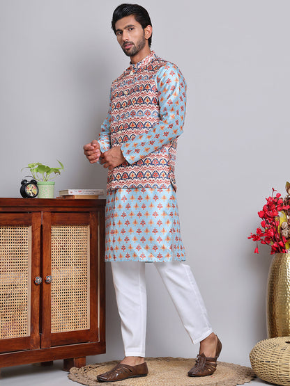 Printed Nehru Jacket & Kurta Pyjama Set.