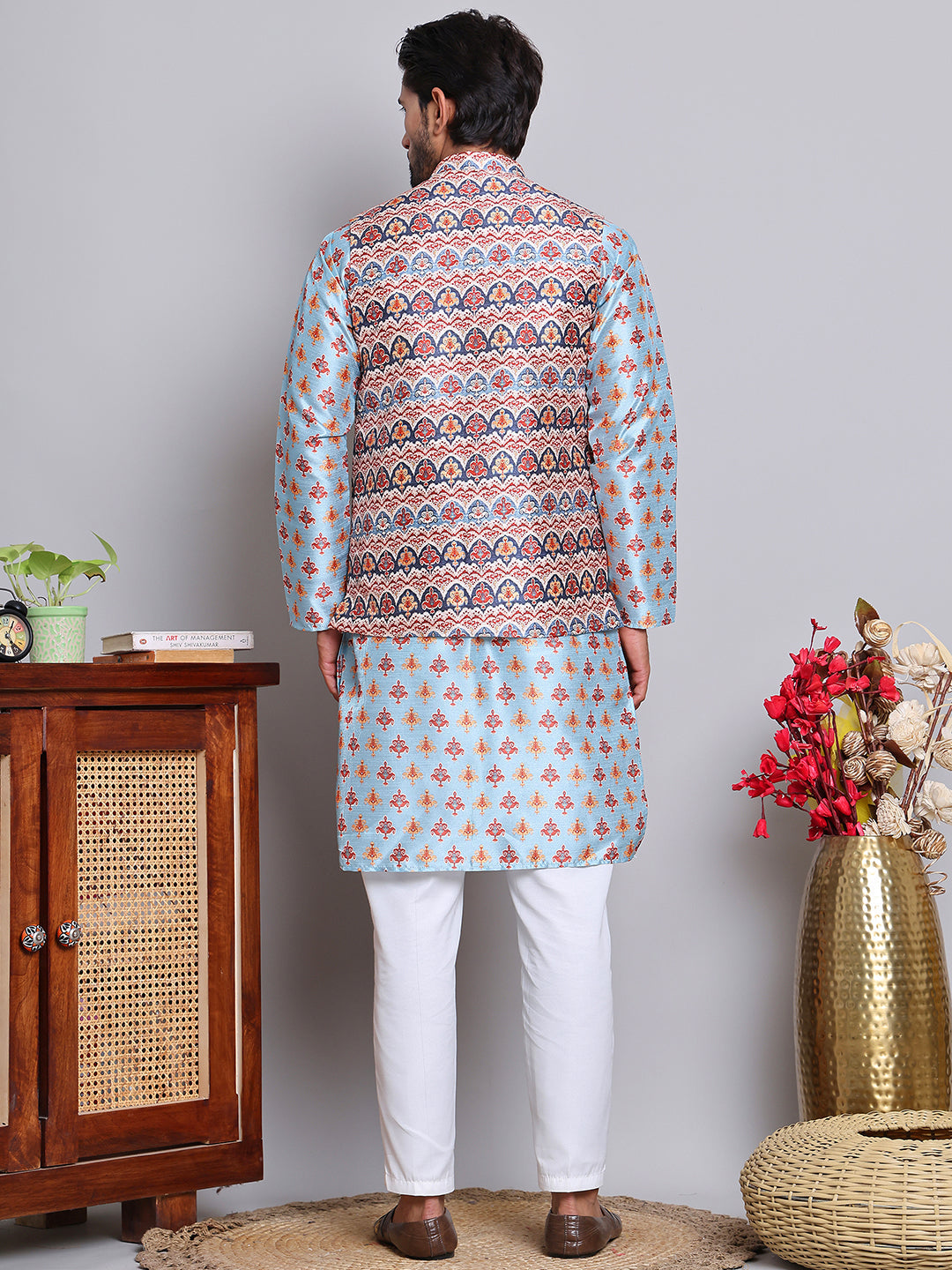 Printed Nehru Jacket &amp; Kurta Pyjama Set.