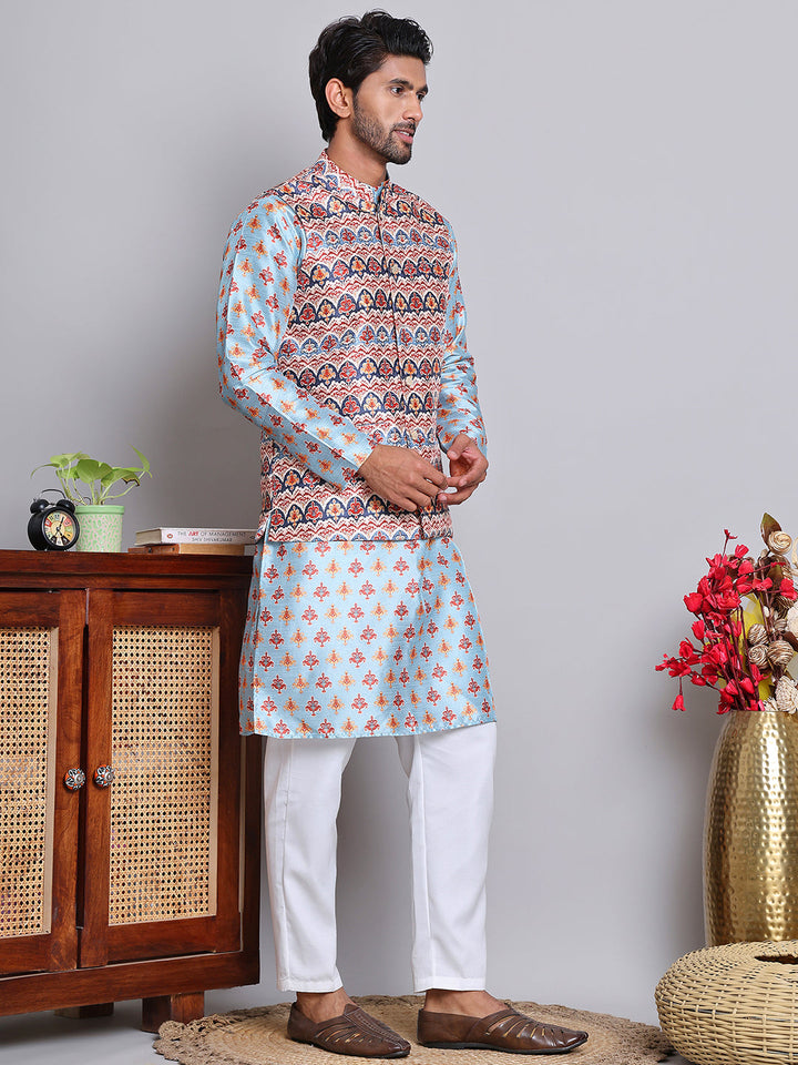 Printed Nehru Jacket &amp; Kurta Pyjama Set.