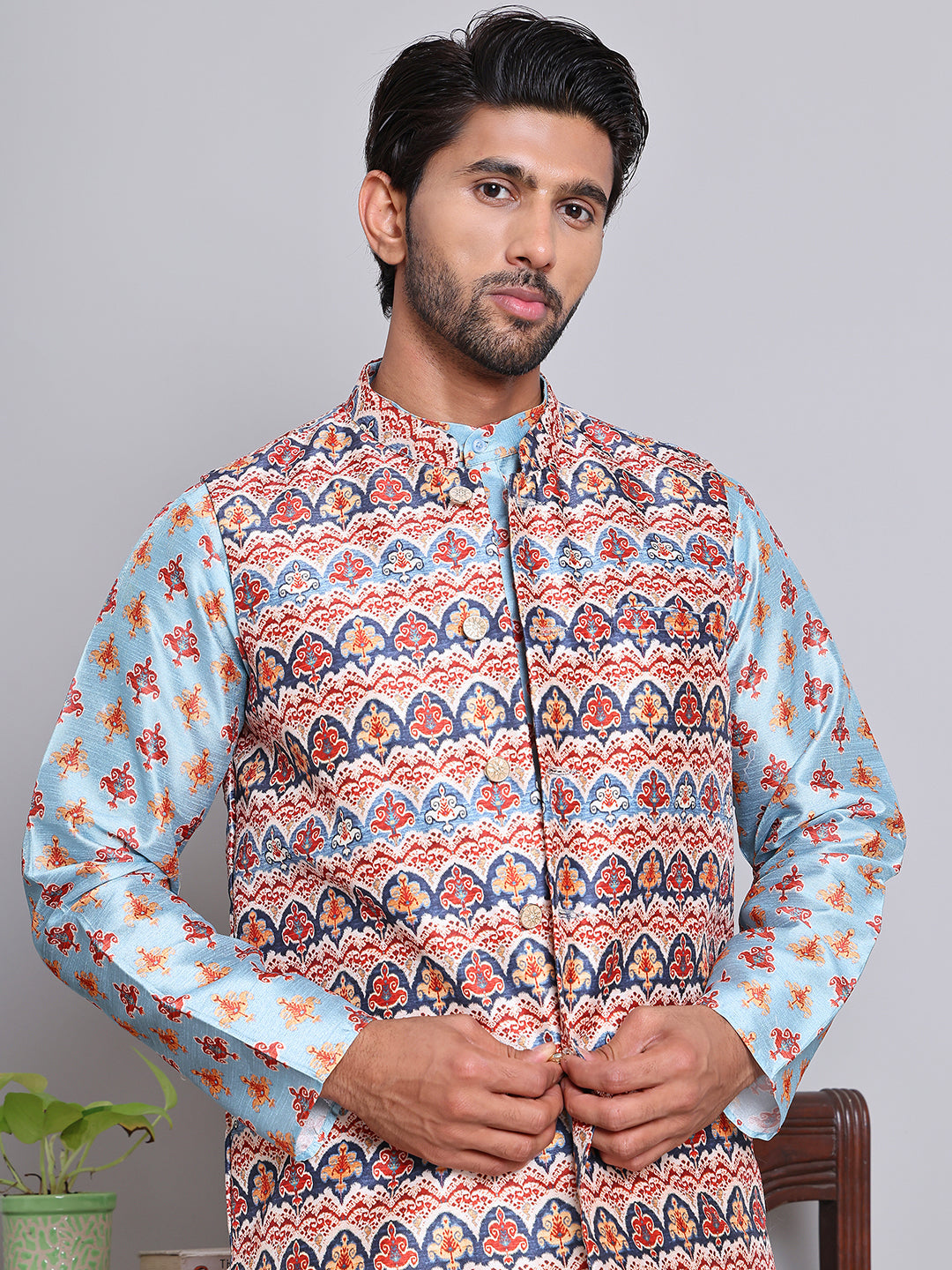Printed Nehru Jacket &amp; Kurta Pyjama Set.
