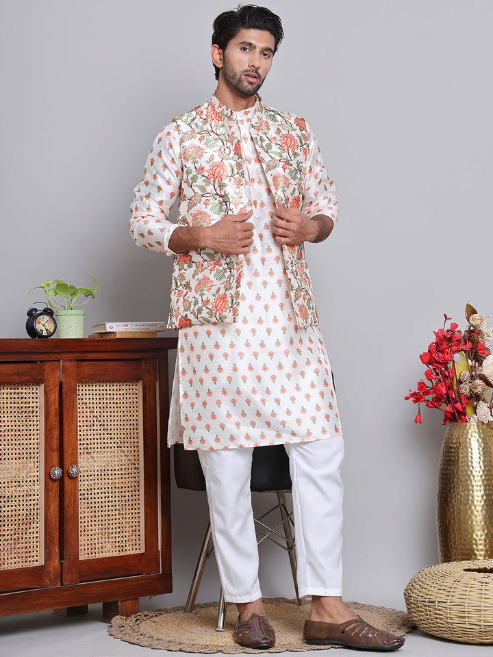 Printed Nehru Jacket &amp; Kurta Pyjama Set.