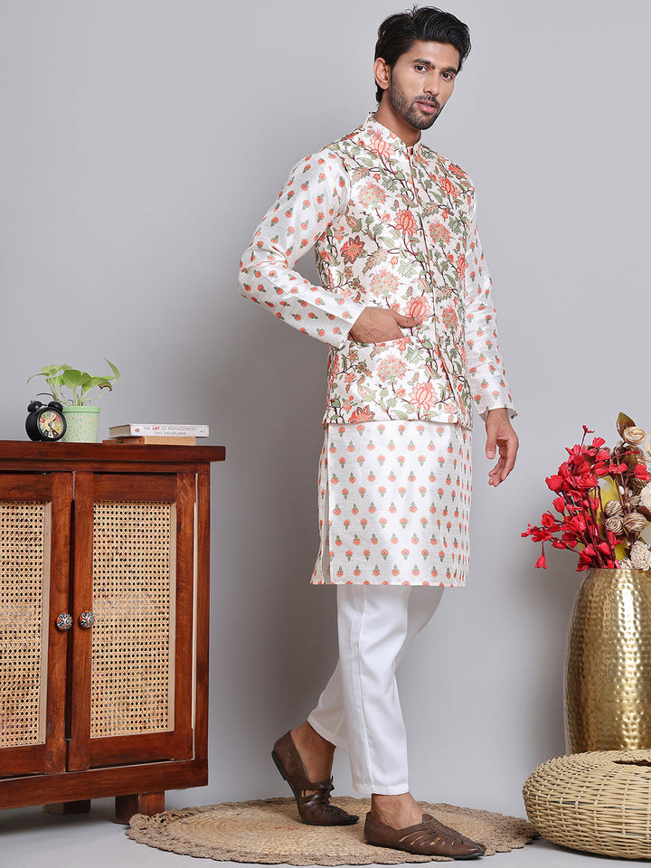 Printed Nehru Jacket &amp; Kurta Pyjama Set.