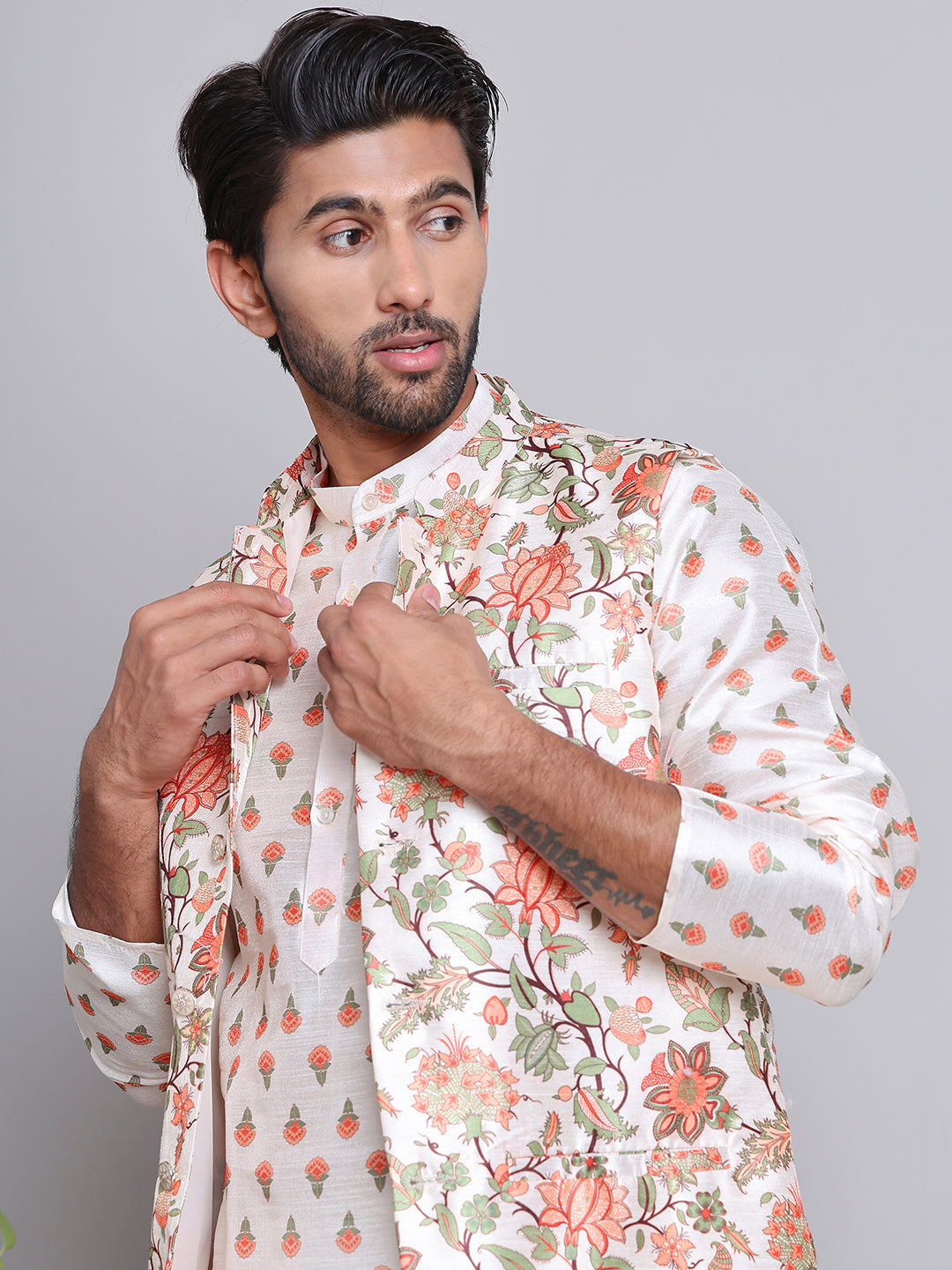 Printed Nehru Jacket & Kurta Pyjama Set.