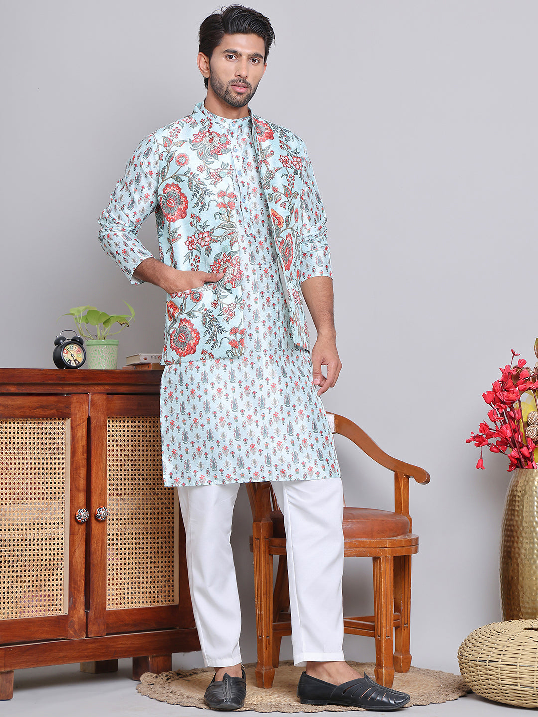 Printed Nehru Jacket & Kurta Pyjama Set.