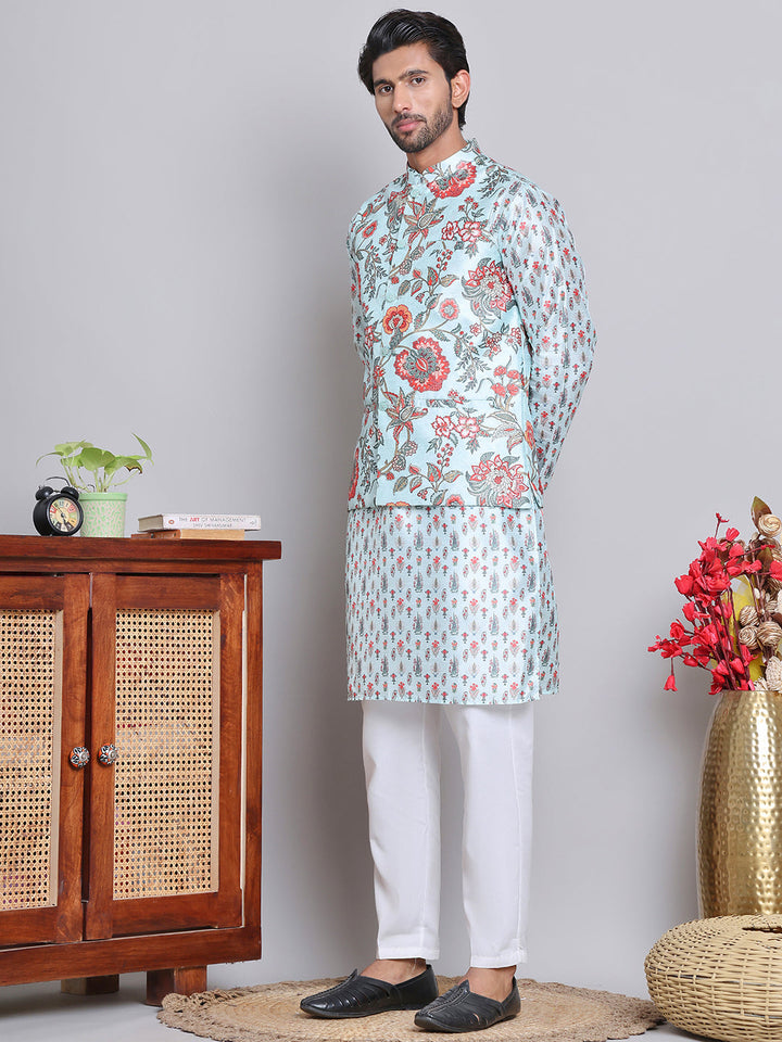 Printed Nehru Jacket &amp; Kurta Pyjama Set.