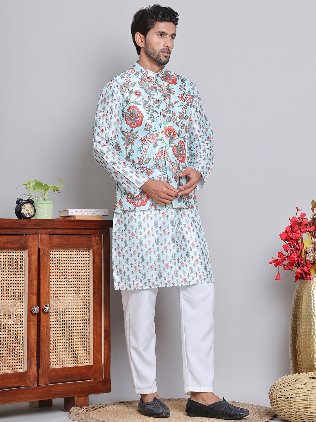 Printed Nehru Jacket &amp; Kurta Pyjama Set.