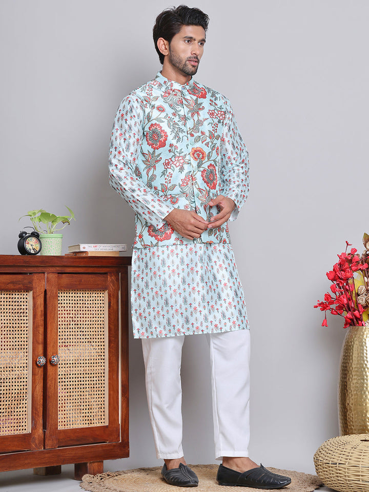 Printed Nehru Jacket &amp; Kurta Pyjama Set.