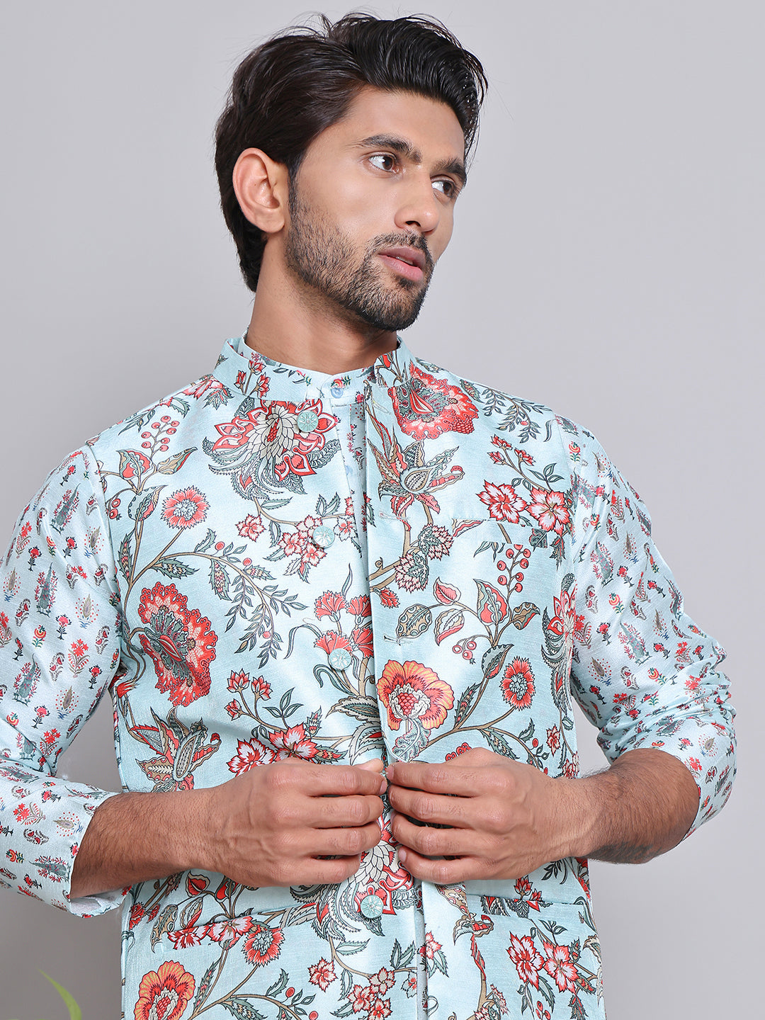 Printed Nehru Jacket & Kurta Pyjama Set.