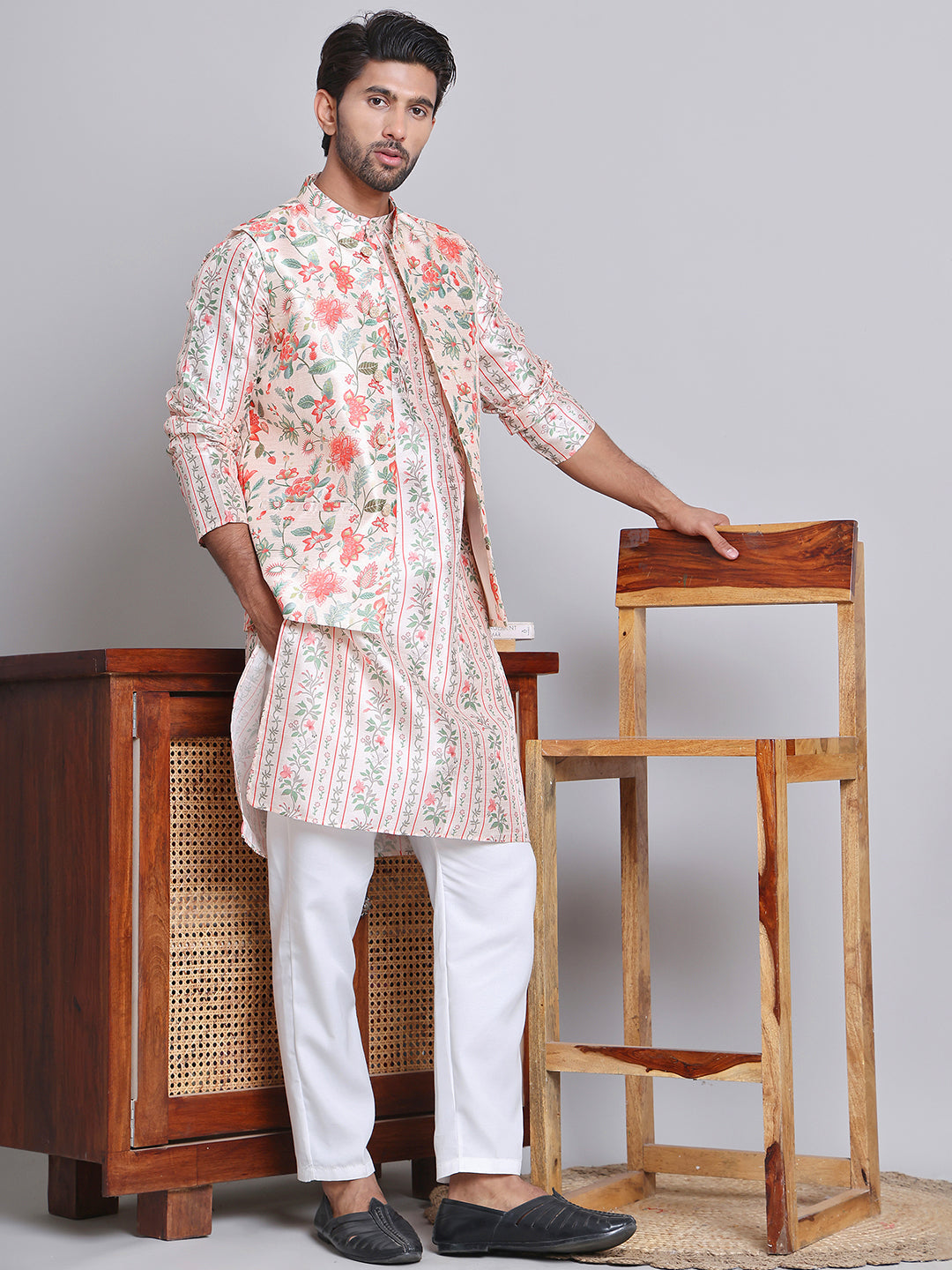 Printed Nehru Jacket &amp; Kurta Pyjama Set.