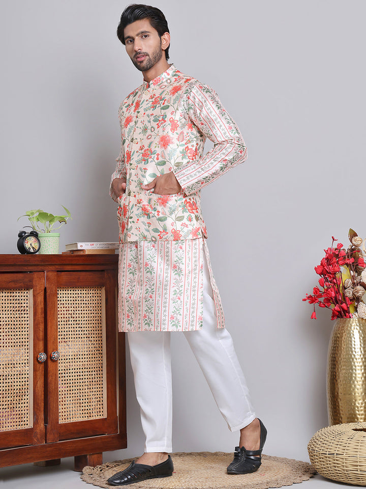 Printed Nehru Jacket &amp; Kurta Pyjama Set.