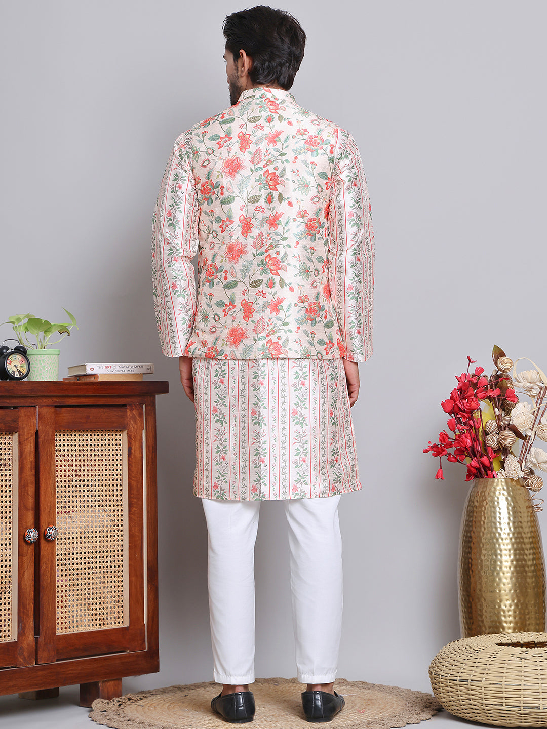 Printed Nehru Jacket &amp; Kurta Pyjama Set.