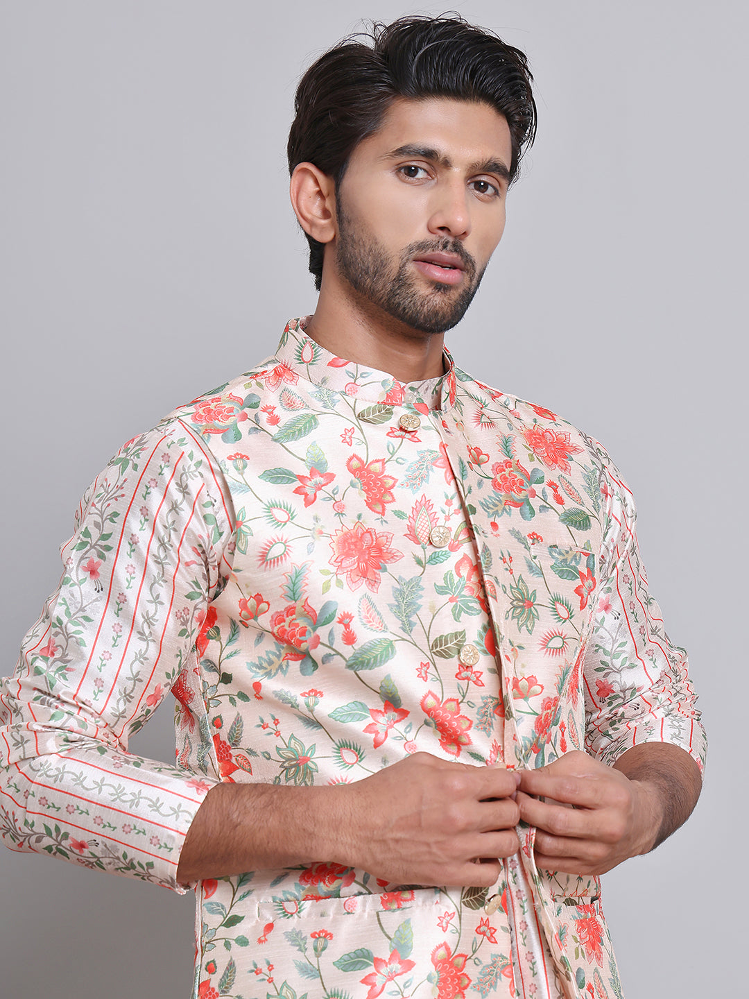 Printed Nehru Jacket &amp; Kurta Pyjama Set.