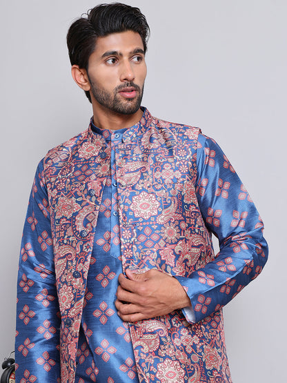 Printed Nehru Jacket & Kurta Pyjama Set.