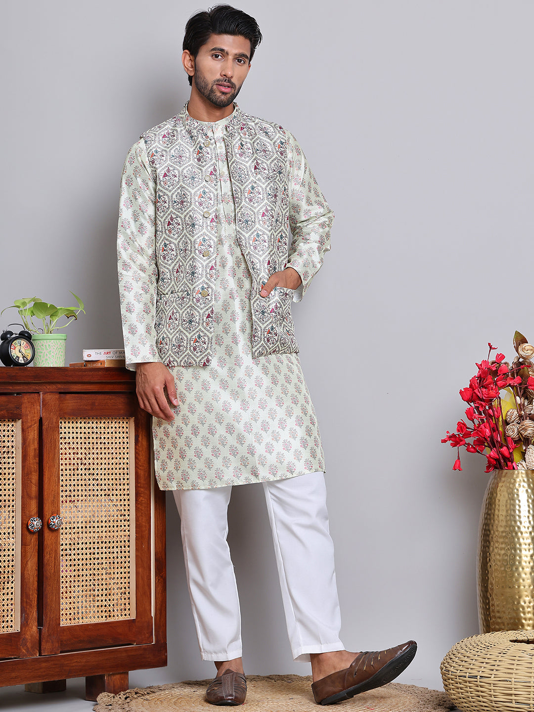 Printed Nehru Jacket &amp; Kurta Pyjama Set.