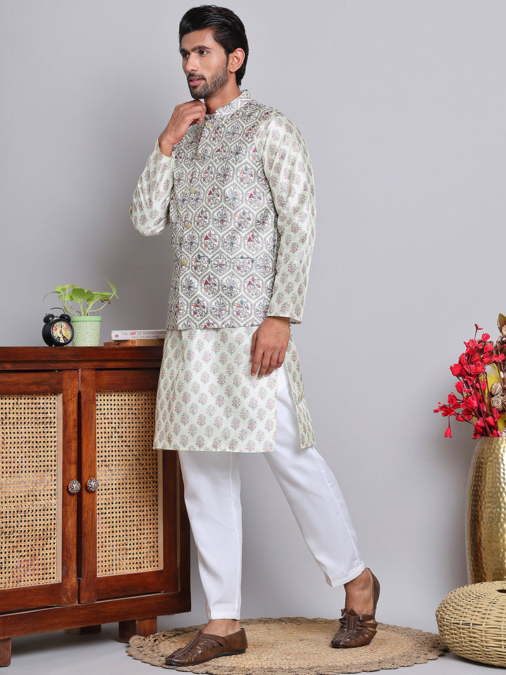 Printed Nehru Jacket &amp; Kurta Pyjama Set.