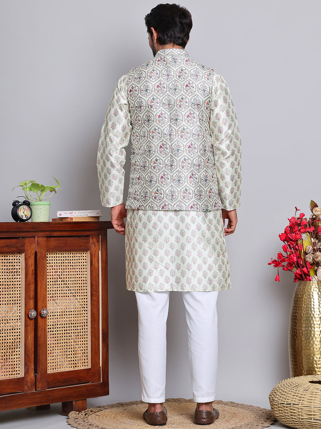 Printed Nehru Jacket &amp; Kurta Pyjama Set.