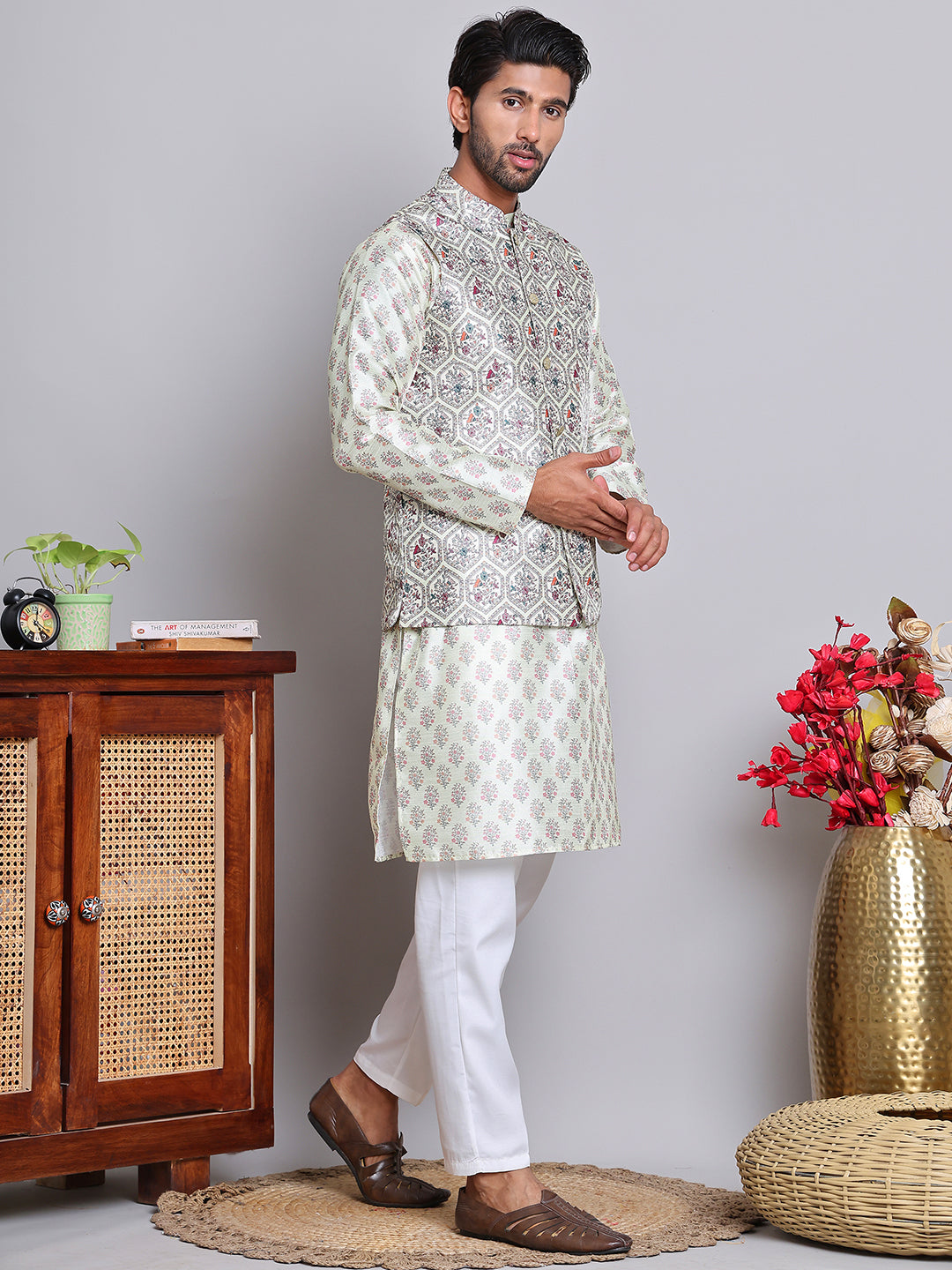 Printed Nehru Jacket &amp; Kurta Pyjama Set.