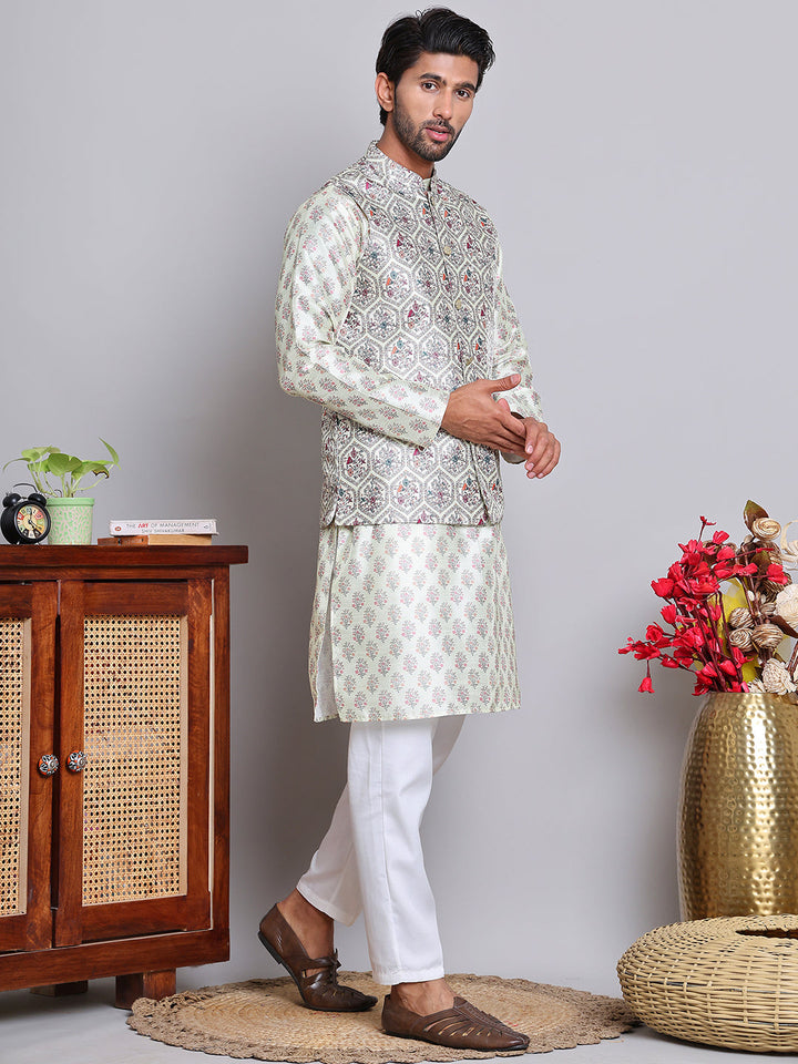 Printed Nehru Jacket &amp; Kurta Pyjama Set.