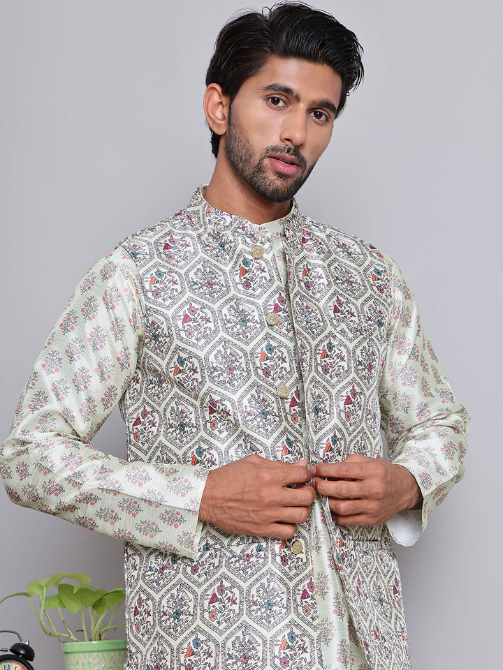 Printed Nehru Jacket &amp; Kurta Pyjama Set.