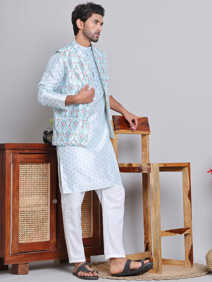 Printed Nehru Jacket &amp; Kurta Pyjama Set.