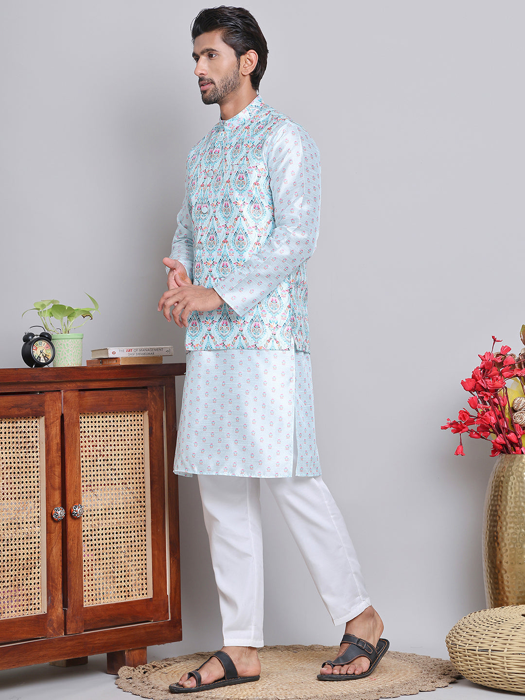 Printed Nehru Jacket &amp; Kurta Pyjama Set.