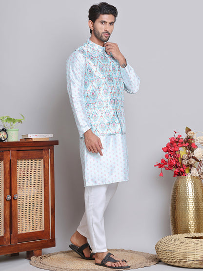 Printed Nehru Jacket & Kurta Pyjama Set.