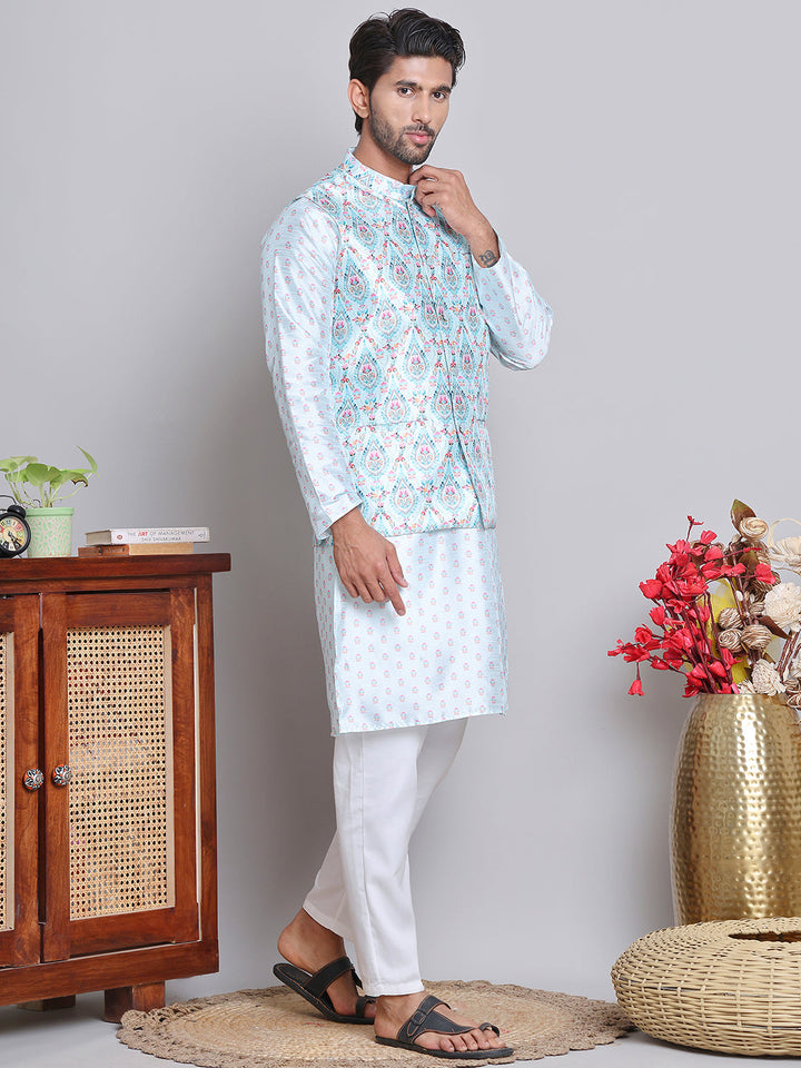 Printed Nehru Jacket &amp; Kurta Pyjama Set.