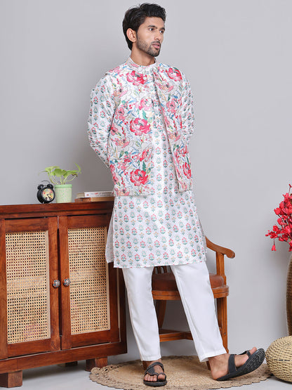 Printed Nehru Jacket & Kurta Pyjama Set.