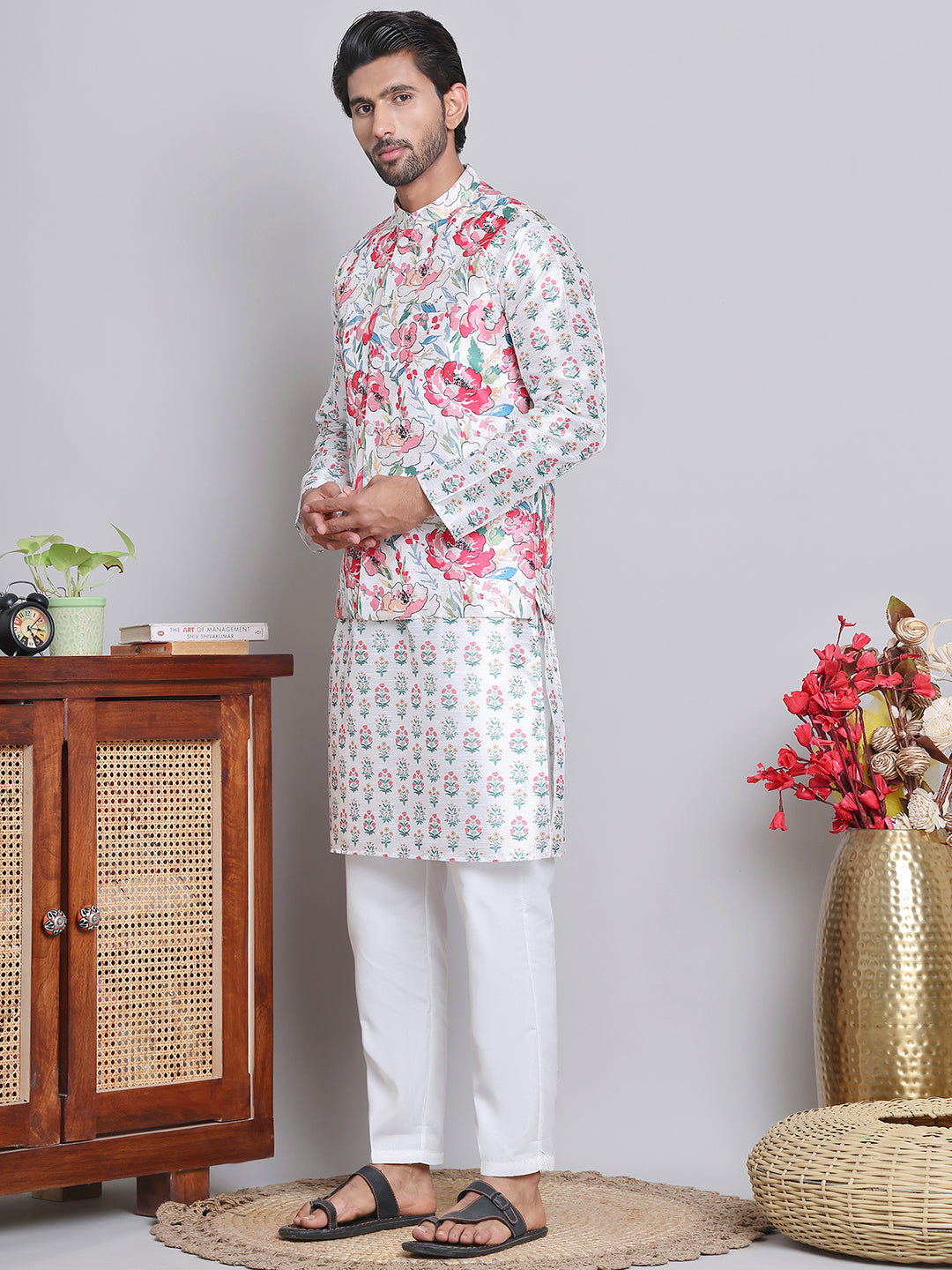 Printed Nehru Jacket &amp; Kurta Pyjama Set.