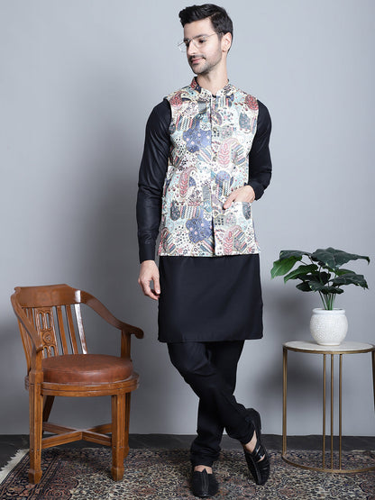 Men'S Digital Print And Zari Work Nehru Jacket With Kurta Pyjama Set