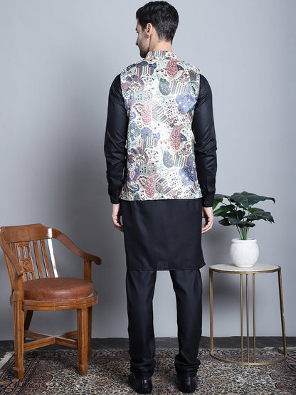 Men'S Digital Print And Zari Work Nehru Jacket With Kurta Pyjama Set