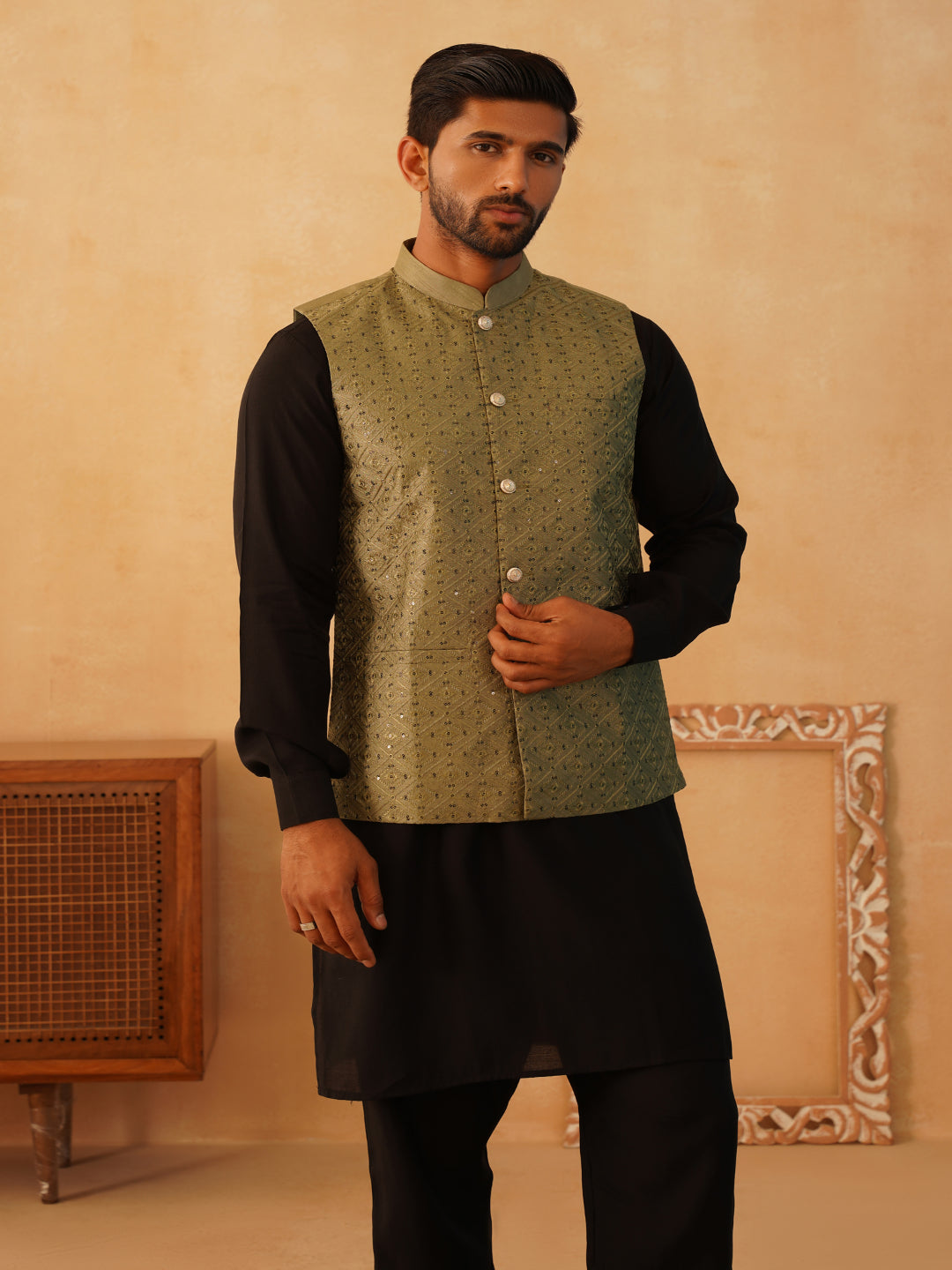 Embroidered Nehru Jacket With Solid Kurta Pyjama Set