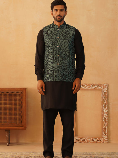 Embroidered Nehru Jacket With Solid Kurta Pyjama Set