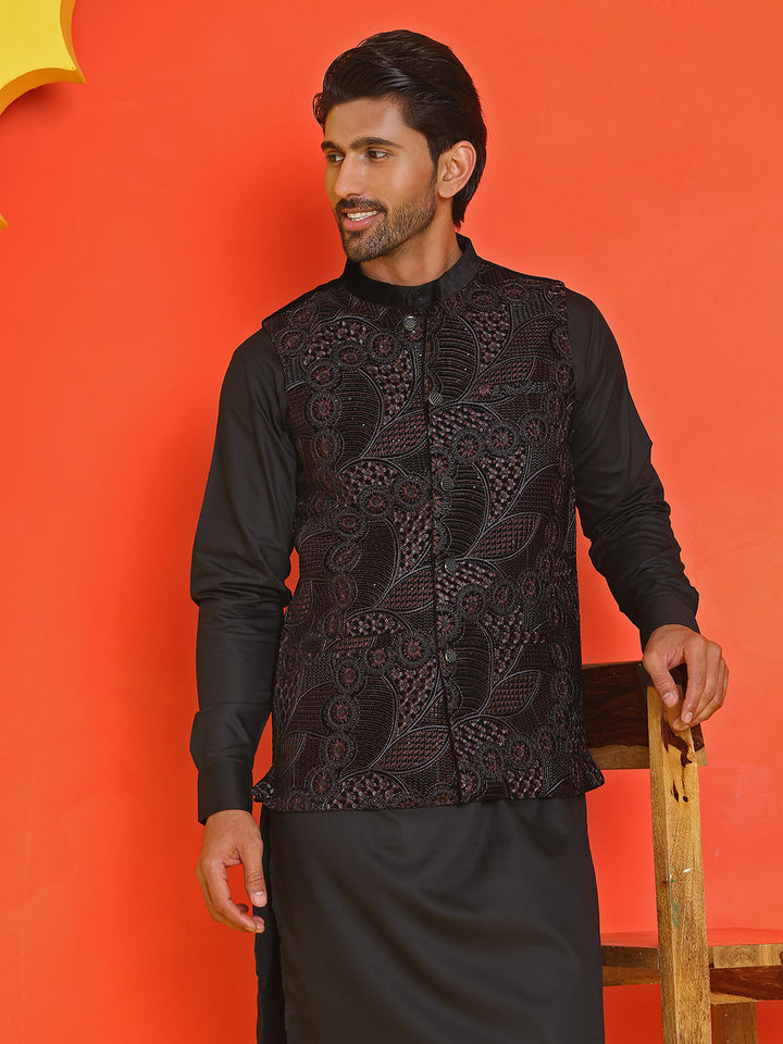 Embroidered Velvet Nehru Jacket With Solid Kurta Pyjama.