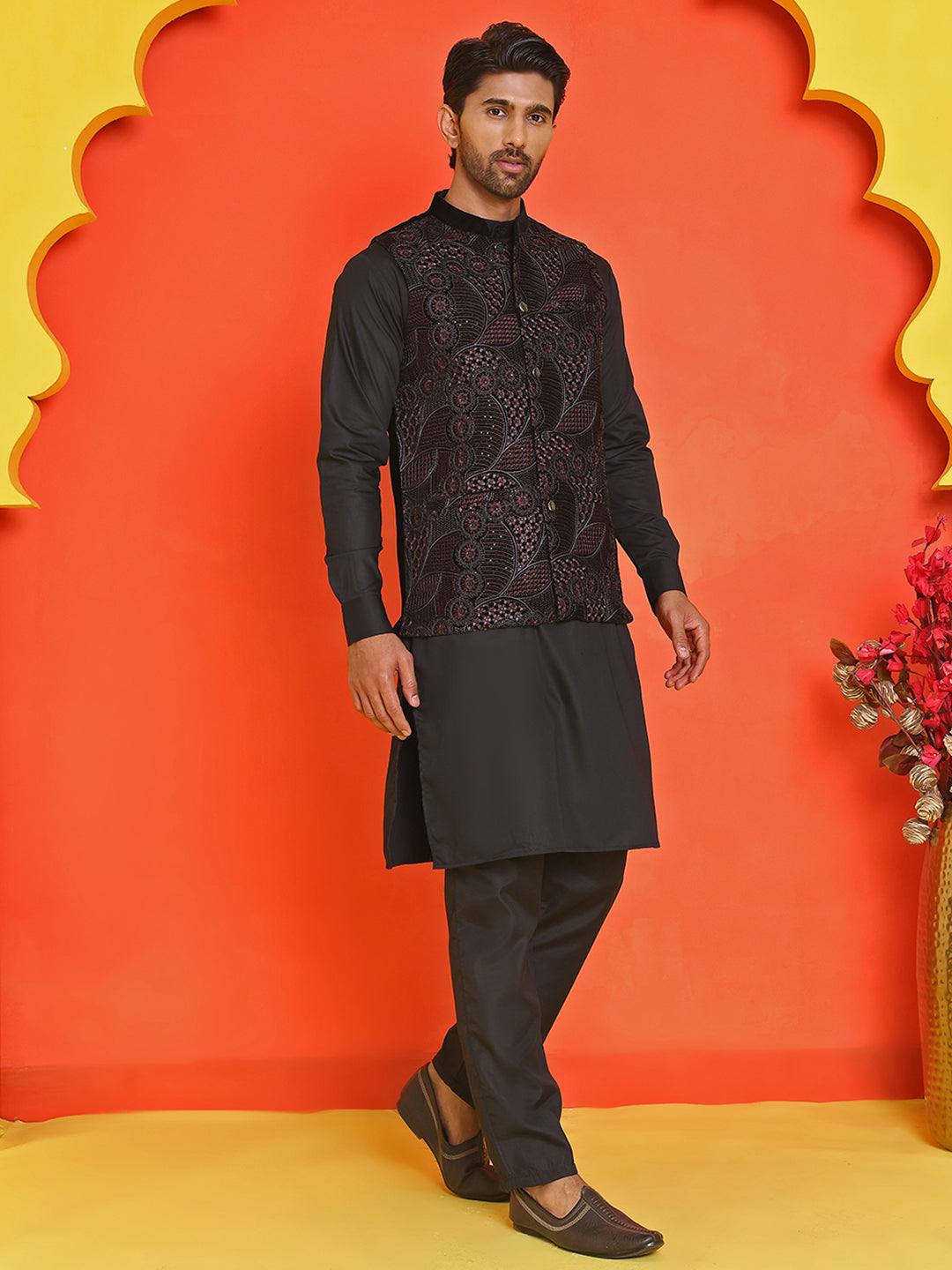Embroidered Velvet Nehru Jacket With Solid Kurta Pyjama.