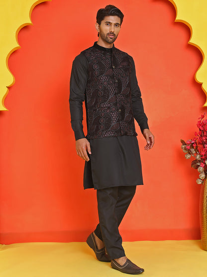 Embroidered Velvet Nehru Jacket With Solid Kurta Pyjama.