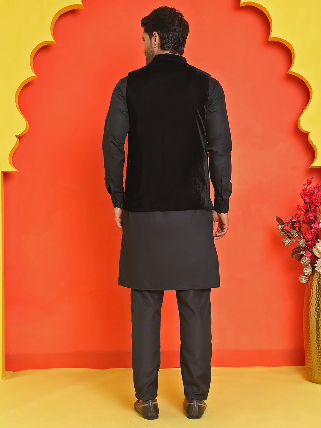 Embroidered Velvet Nehru Jacket With Solid Kurta Pyjama.