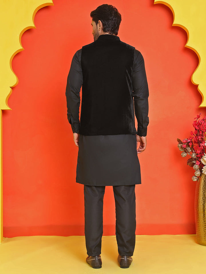 Embroidered Velvet Nehru Jacket With Solid Kurta Pyjama.