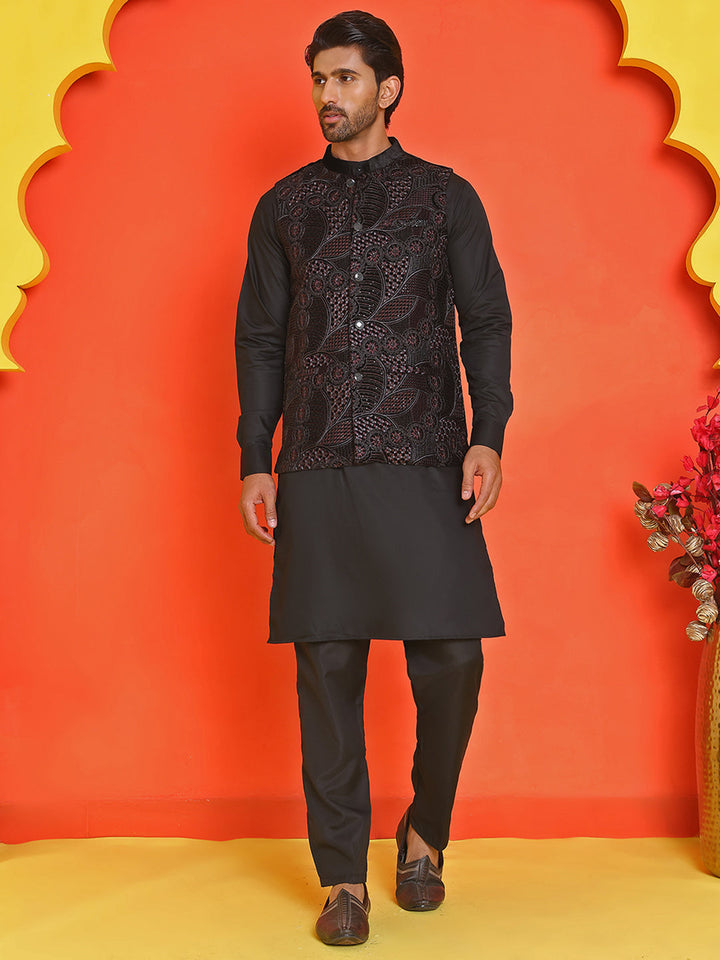Embroidered Velvet Nehru Jacket With Solid Kurta Pyjama.