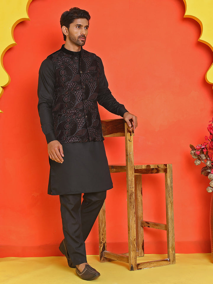 Embroidered Velvet Nehru Jacket With Solid Kurta Pyjama.