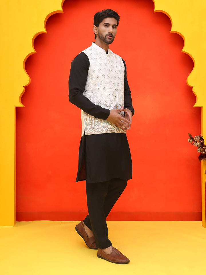Embroidered Nehru Jacket With Solid Kurta Pyjama.