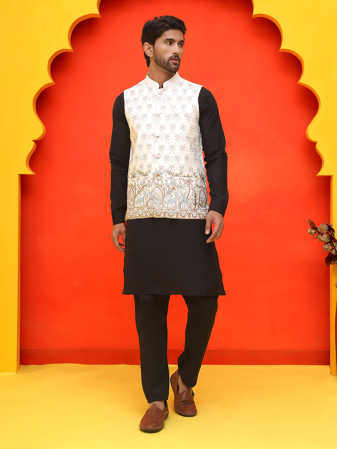 Embroidered Nehru Jacket With Solid Kurta Pyjama.