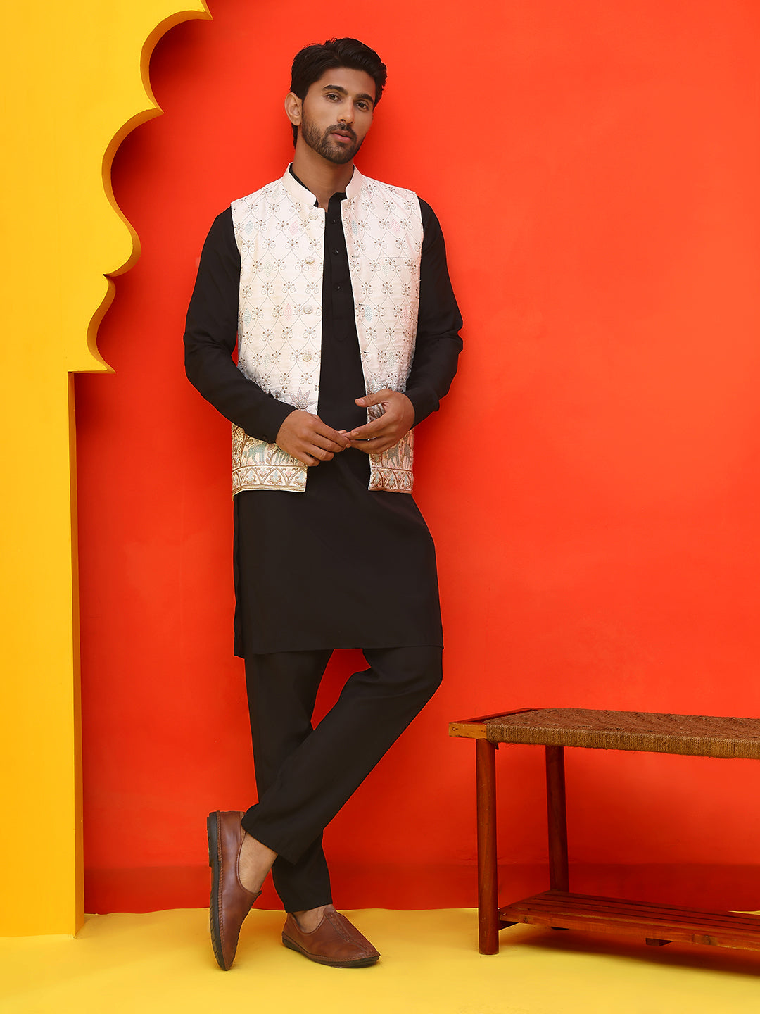 Embroidered Nehru Jacket With Solid Kurta Pyjama.