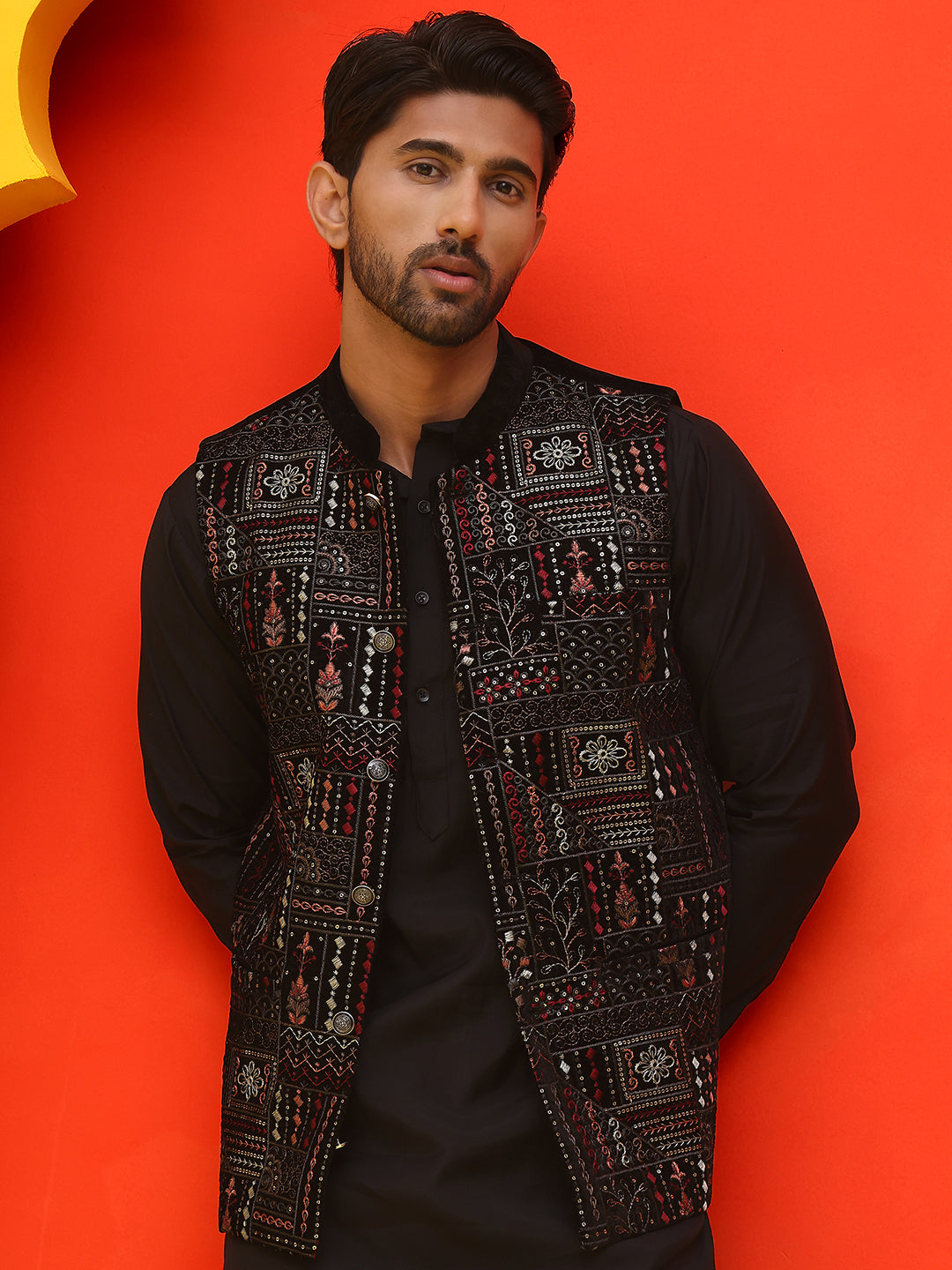 Embroidered Velvet Nehru Jacket With Solid Kurta Pyjama.